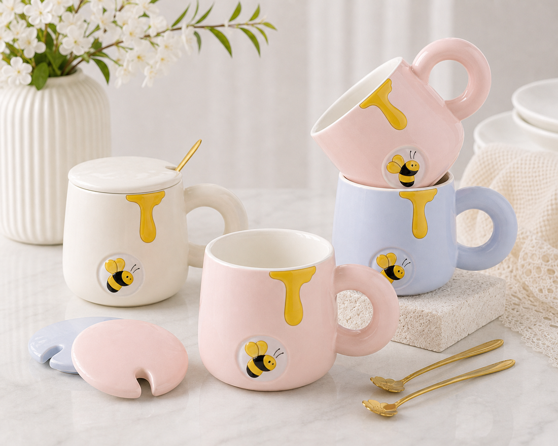 Little Bee Ceramic Mug with Lid and Spoon