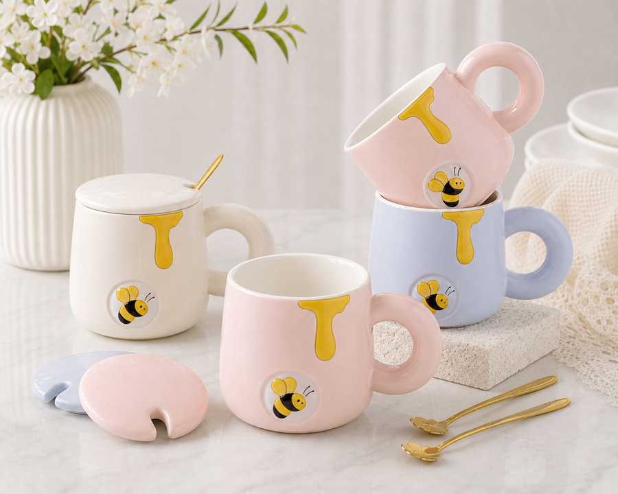 Little Bee Ceramic Mug with Lid and Spoon
