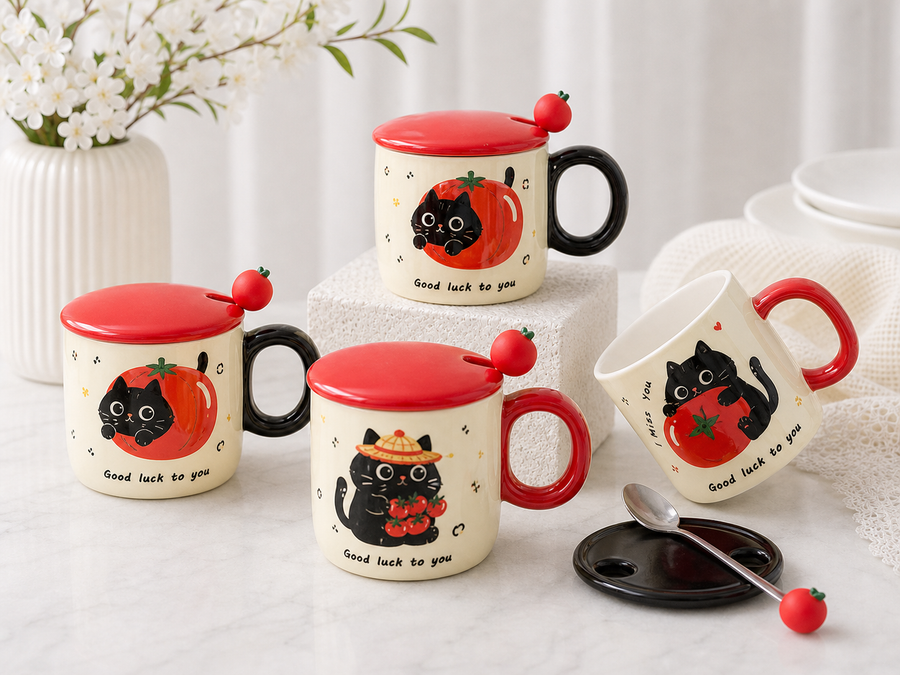 Cute Cat with Persimmon Ceramic Mug with Lid
