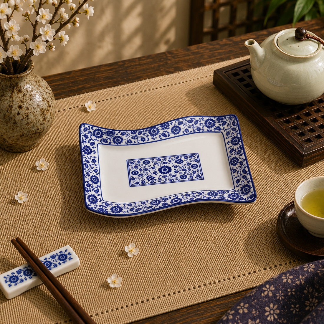 Ceramic lotus scroll S-shaped rectangular plate