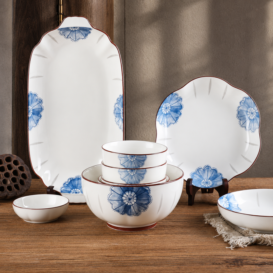 Hand-Painted Blue Floral Ceramic Tableware Set