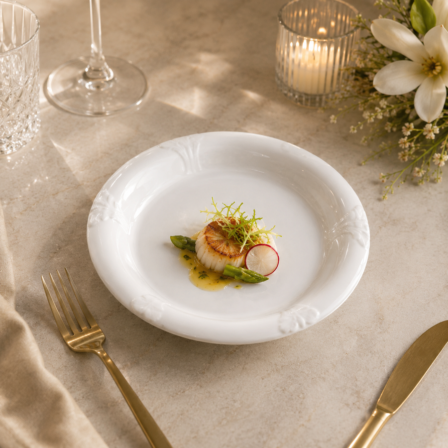 White porcelain magnolia-shaped plate