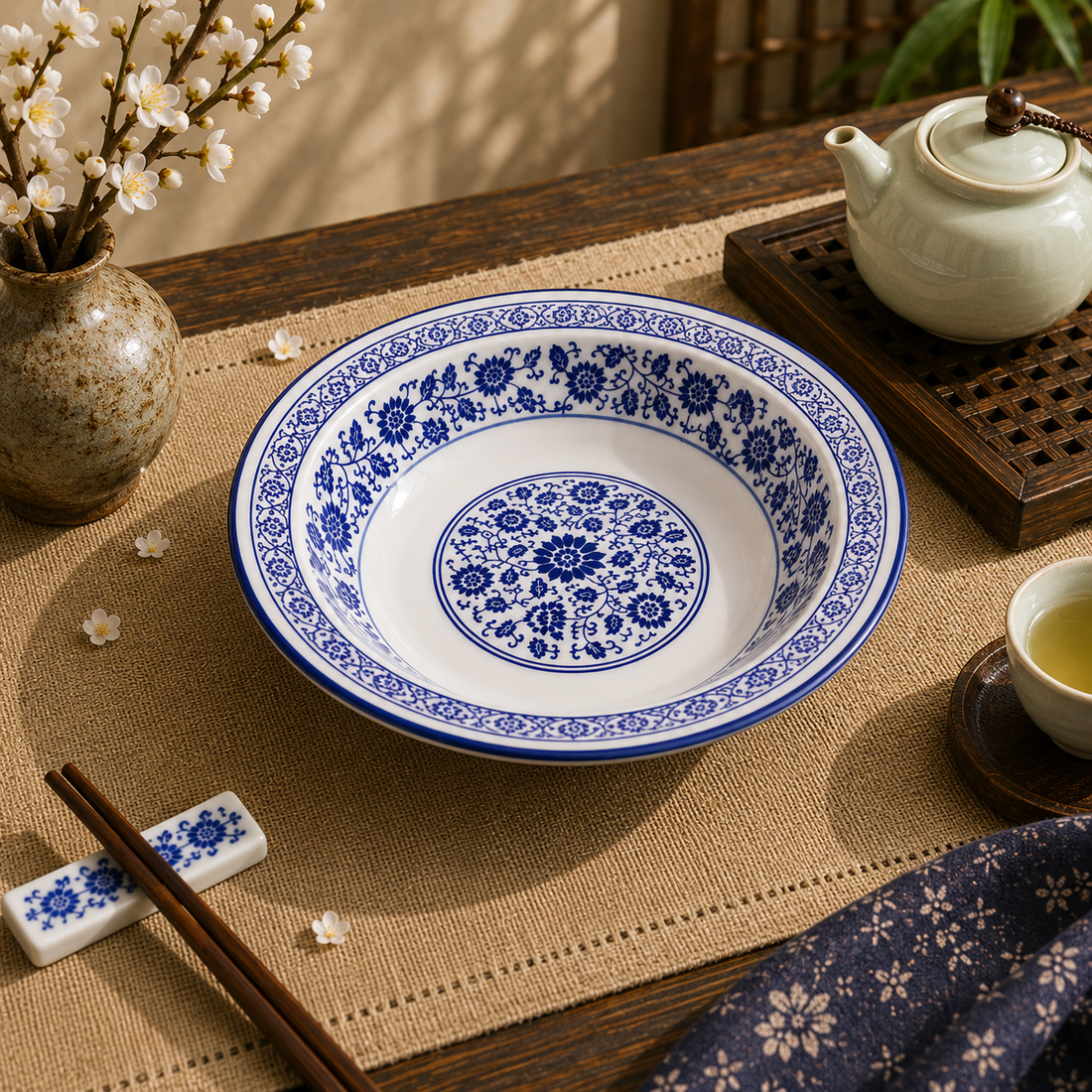 Korean-style soup bowl with lotus leaves