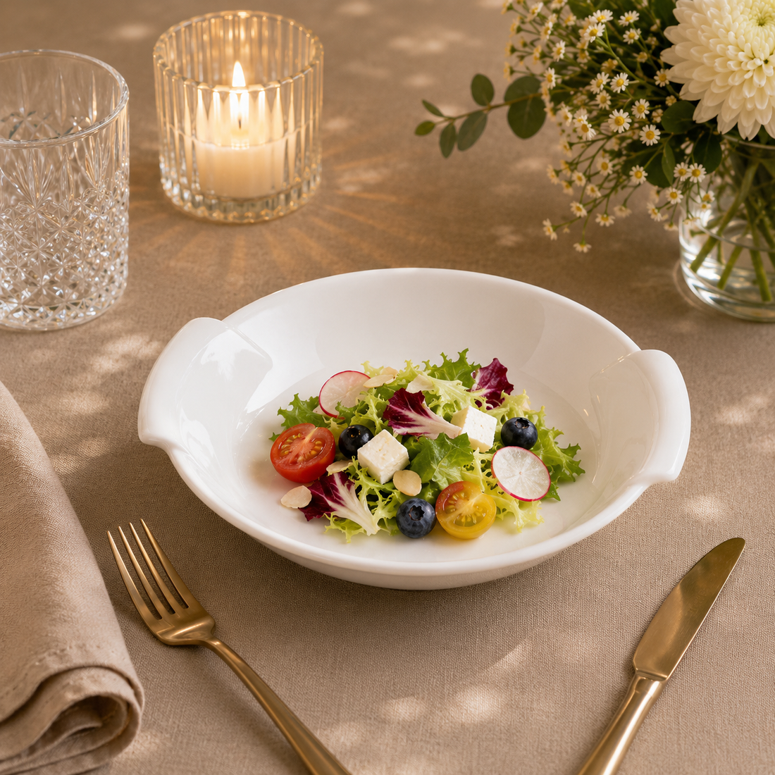 White porcelain round bowl with large square handles