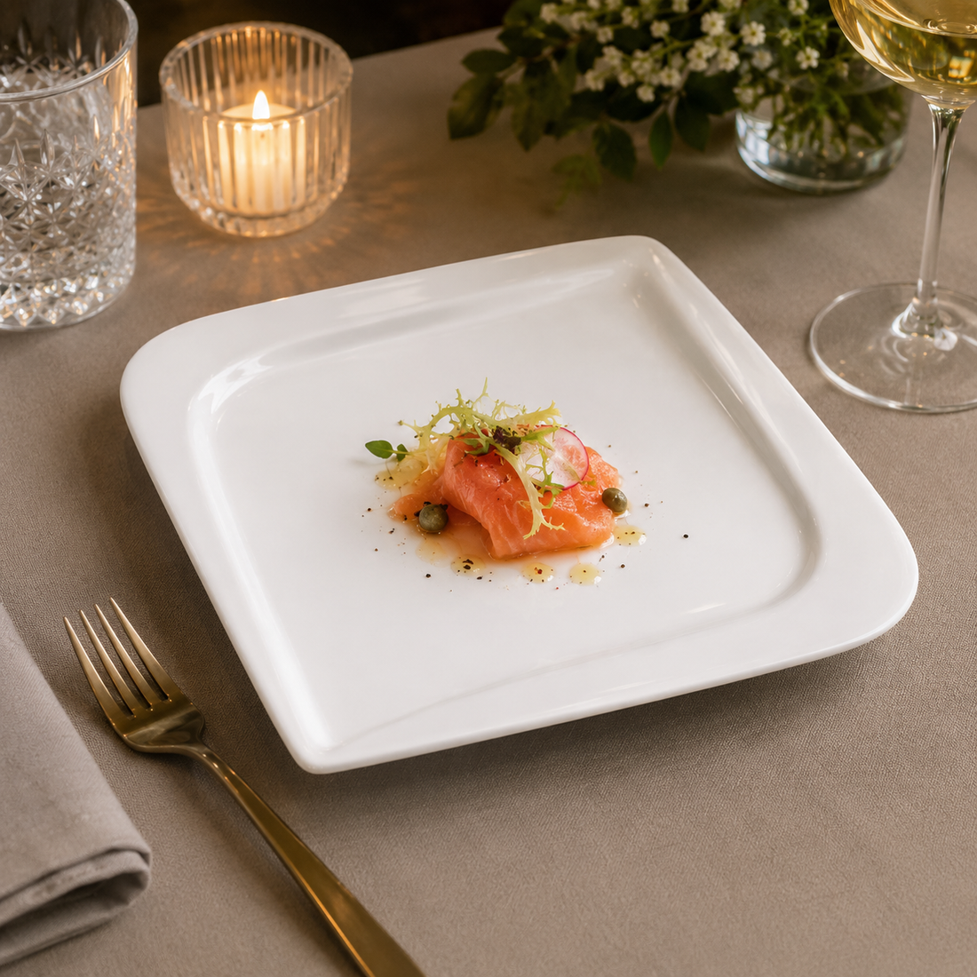 White porcelain square plate with big eyes
