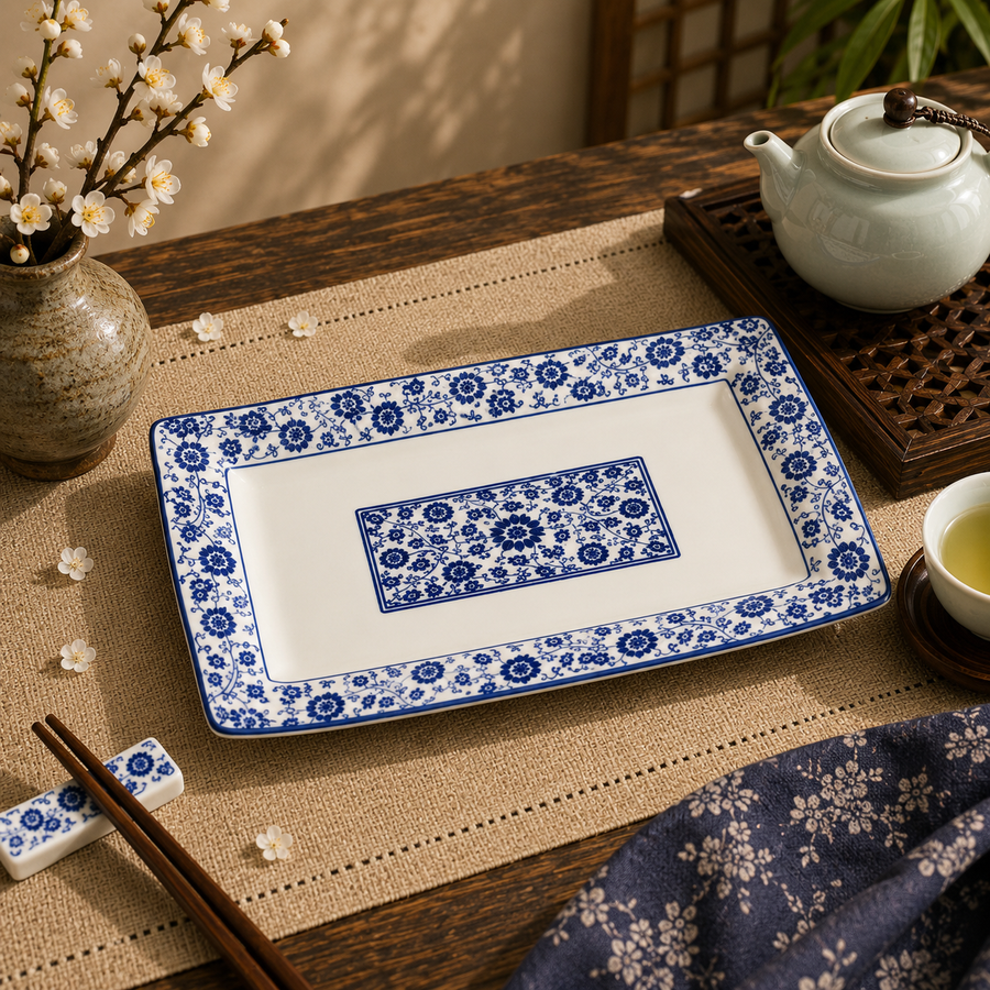 A rectangular plate with a twining lotus design
