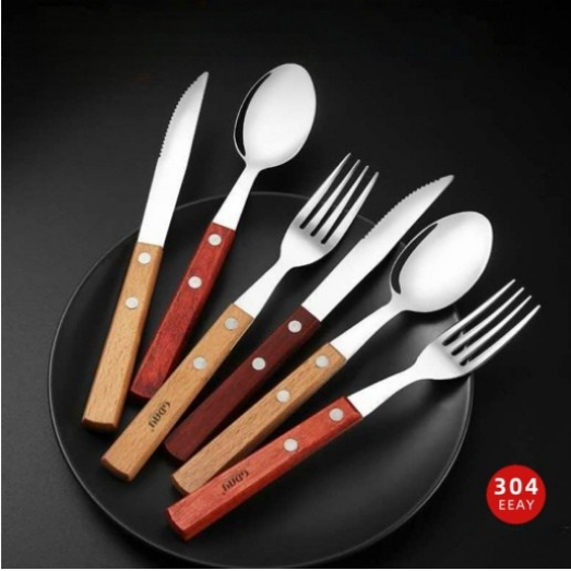 AY Wooden Handle Steak Knife, Fork and Spoon