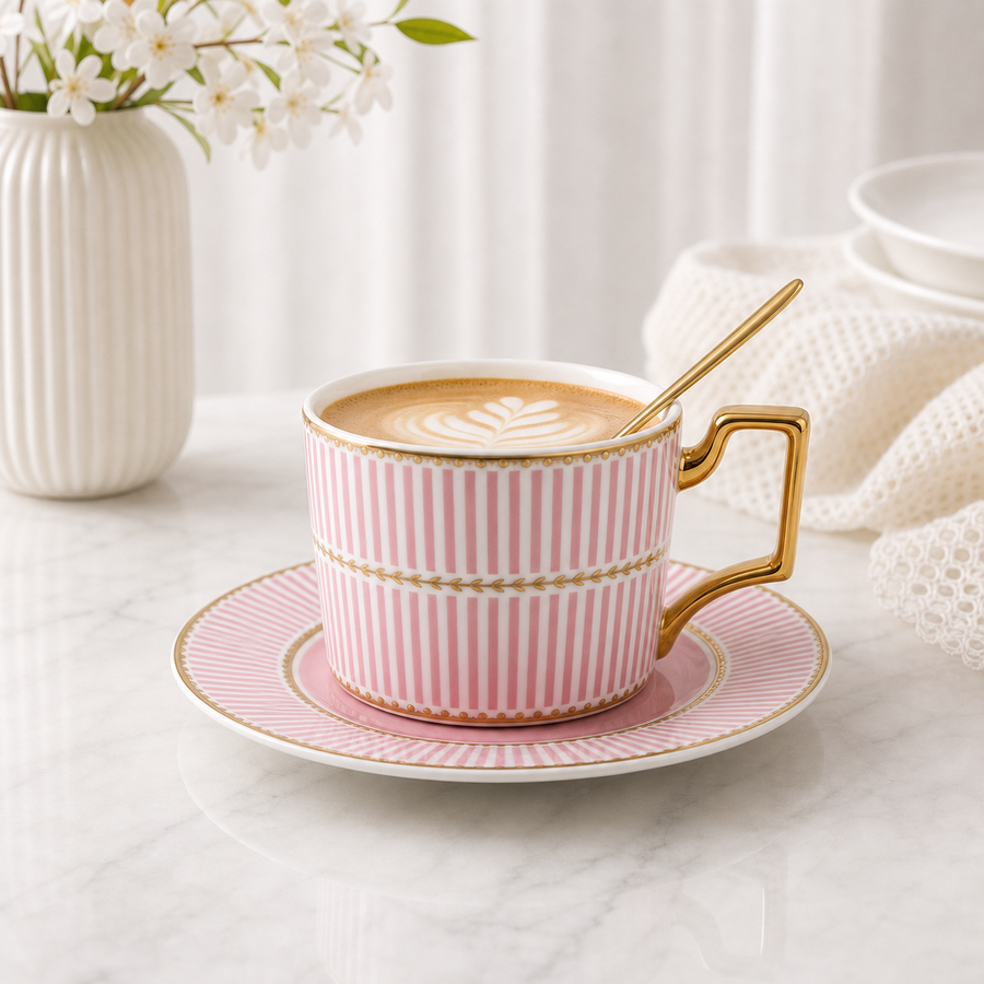 Hermès-Style Cup & Saucer with Spoon - Red Stripes