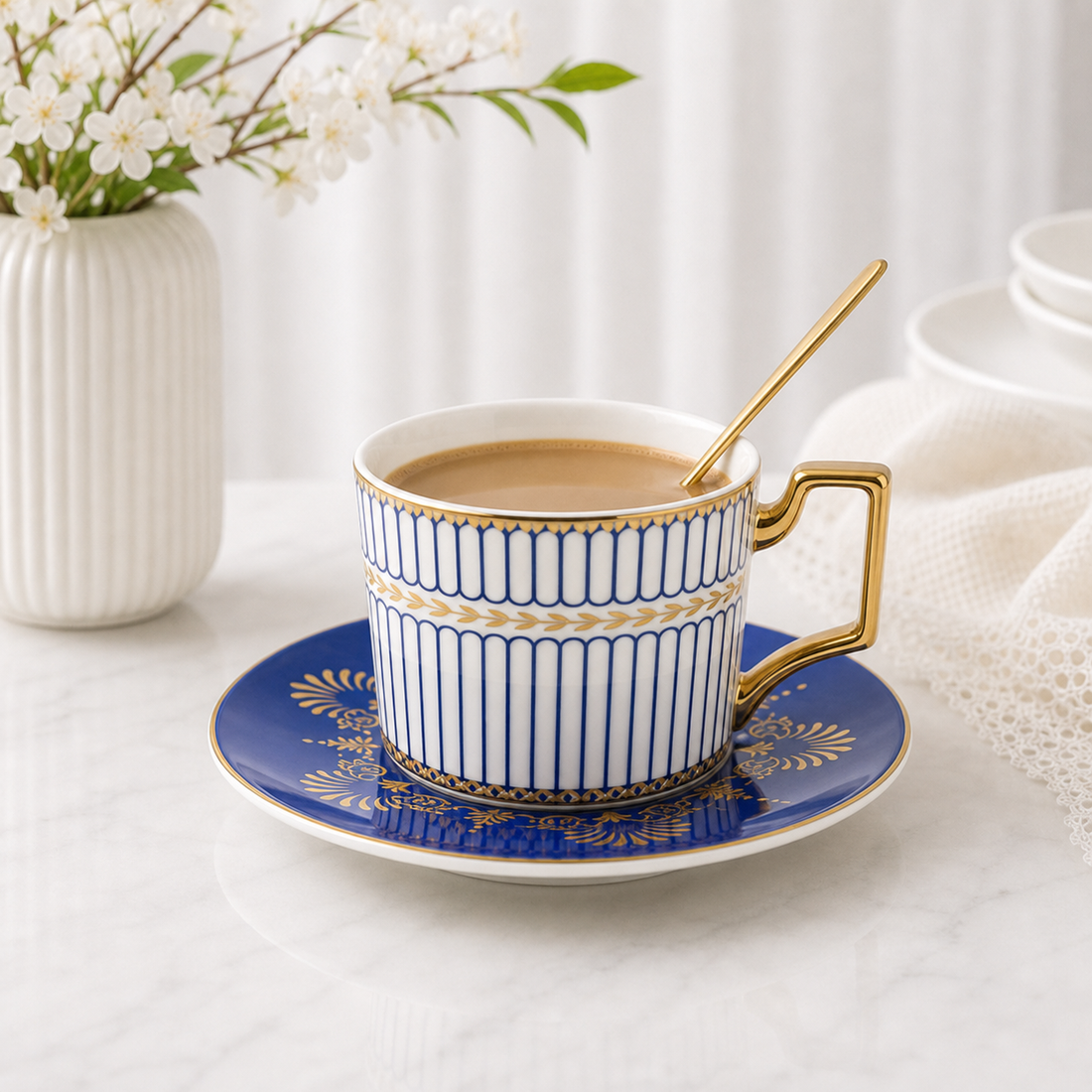 Hermès-Style Cup & Saucer with Spoon - Six-Leaf Clover Pattern