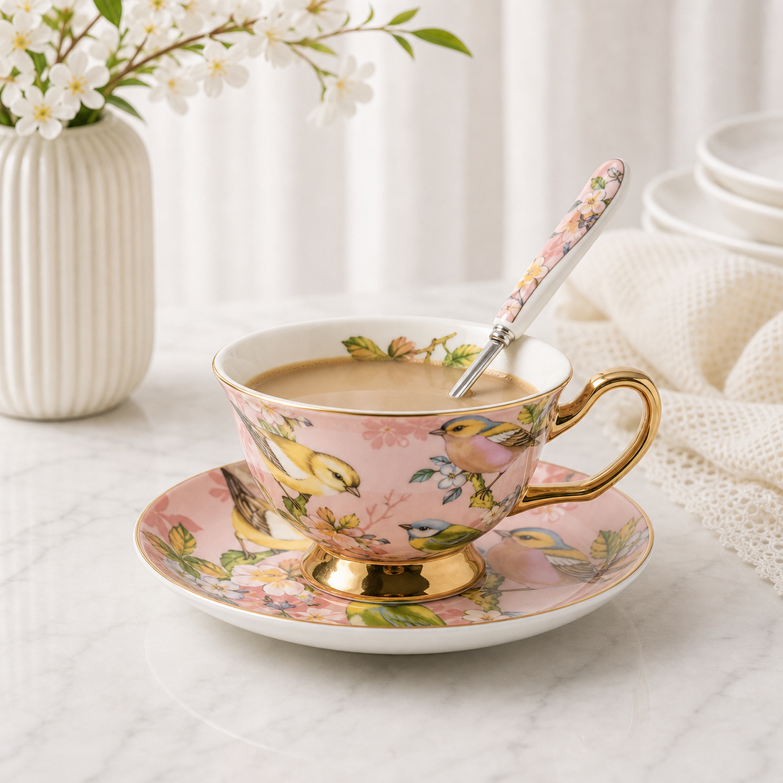 Jinyou Cup & Saucer with Spoon - Bird & Floral