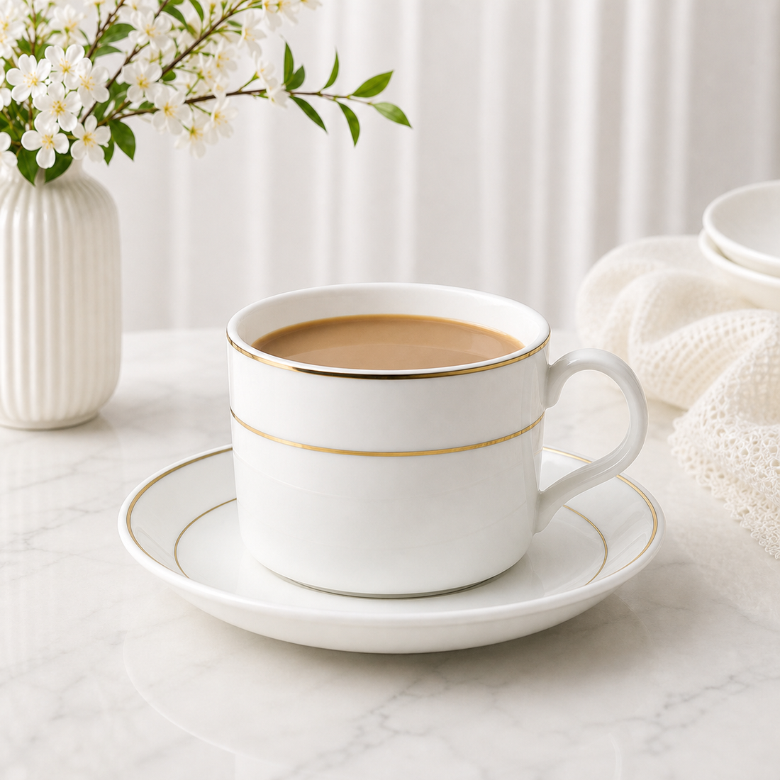 Korean-Style Coffee Cup & Saucer - Double Gold Line