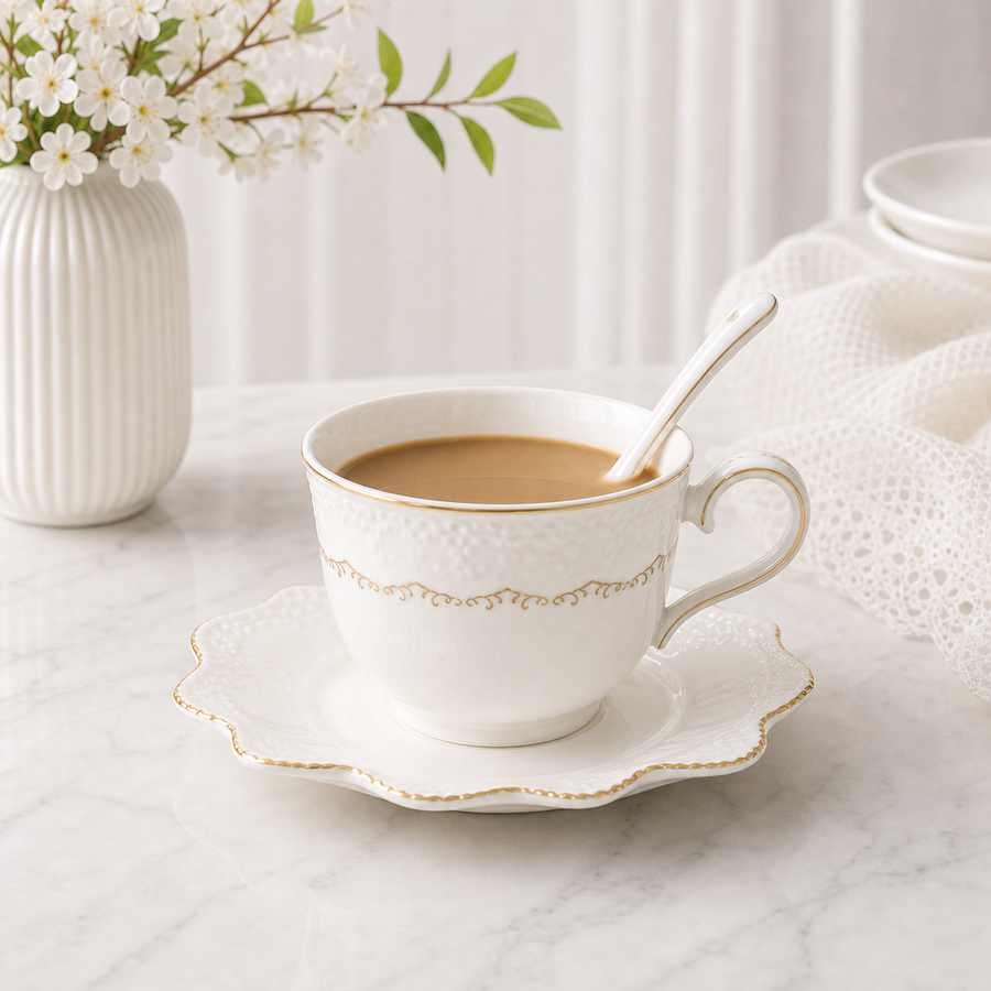 White Gold-Line Lace Cup & Saucer (with Spoon)