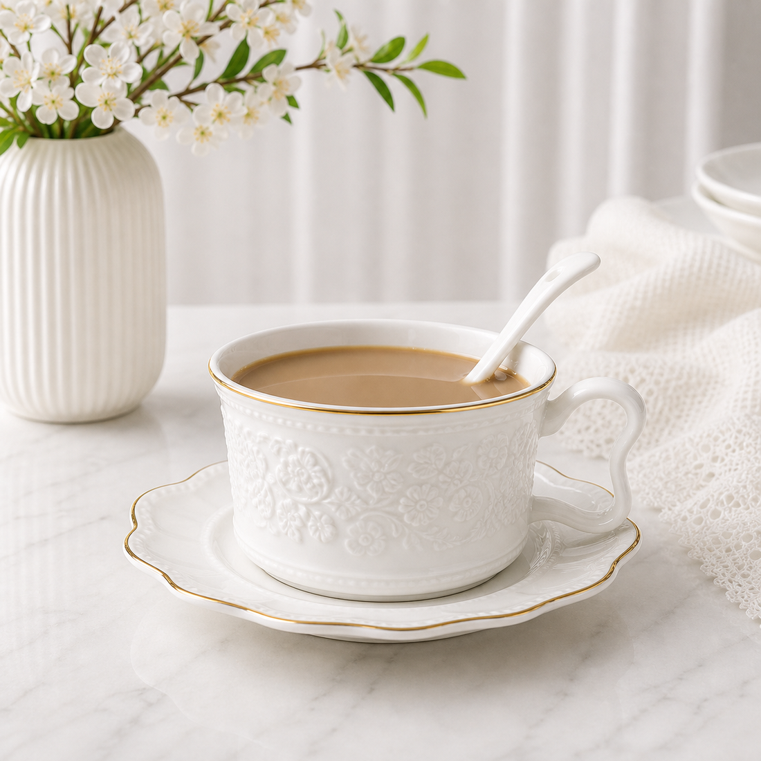 White-Gold Embossed Lace Cup & Saucer (with Spoon)