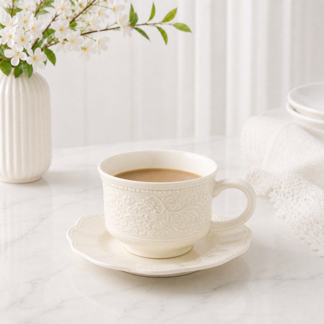 White Embossed Lace Cup & Saucer