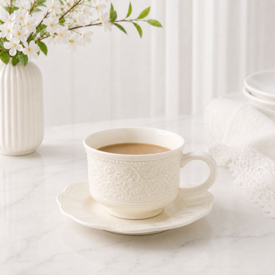White Embossed Lace Cup & Saucer