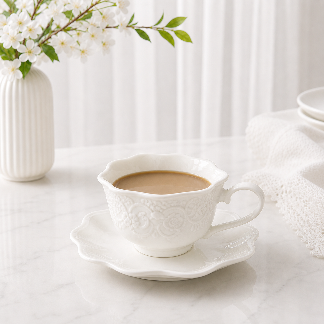 Floral White Embossed Lace No. 1 Cup & Saucer