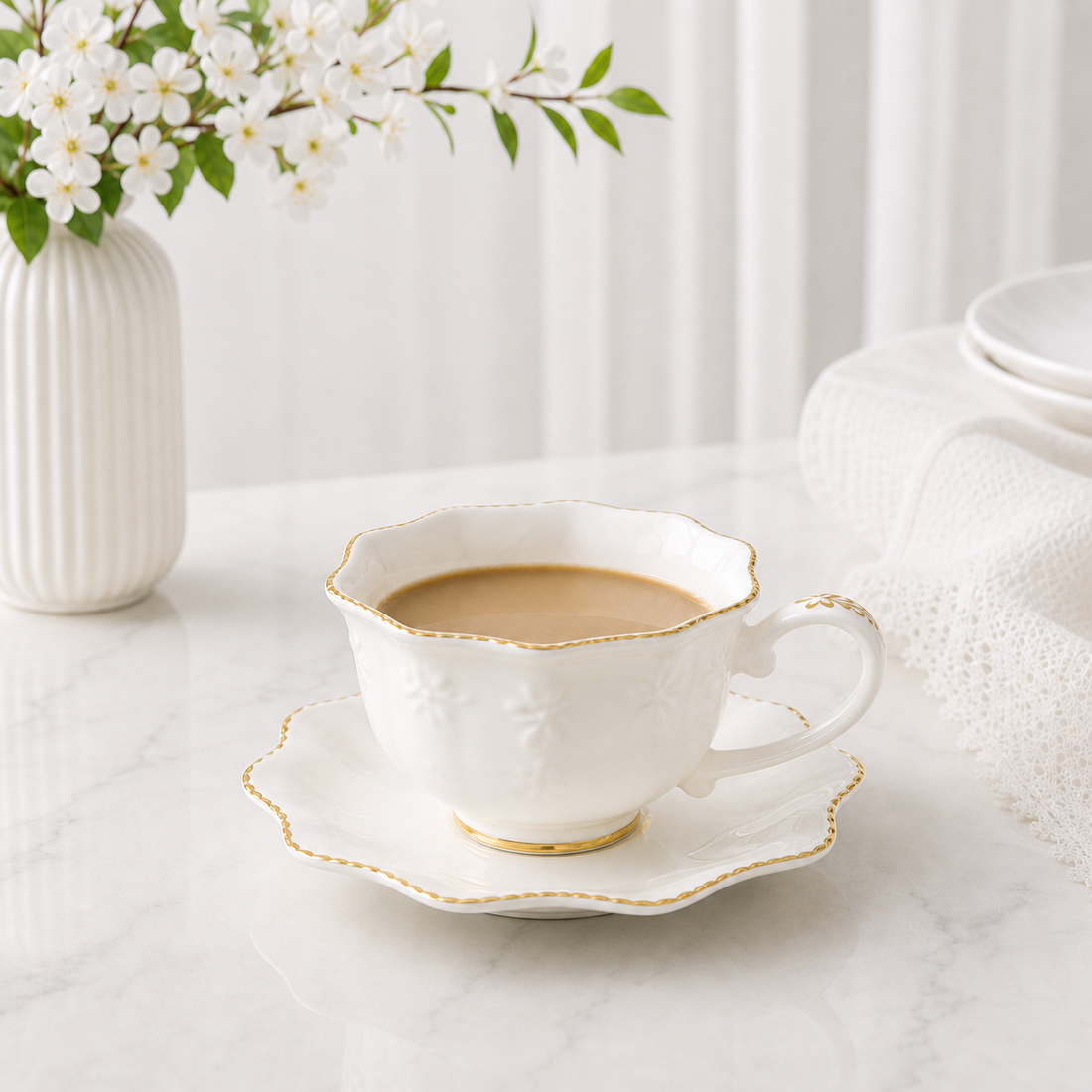 Floral White-Gold Embossed Lace No. 2 Cup & Saucer