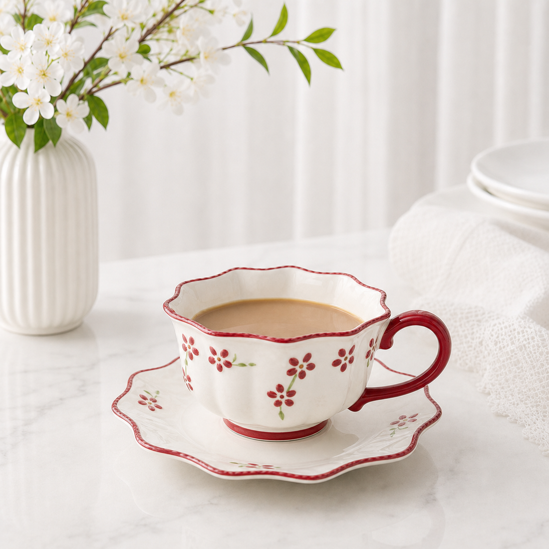 White Base Red Small Floral Cup & Saucer