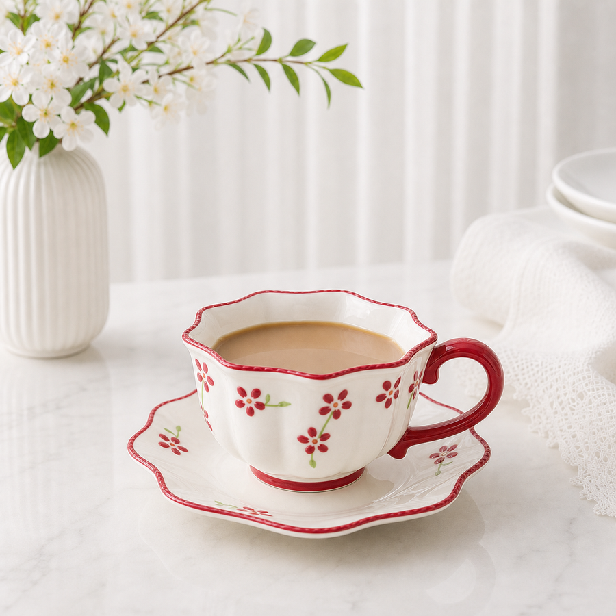 Red-Rim Small Floral Cup & Saucer