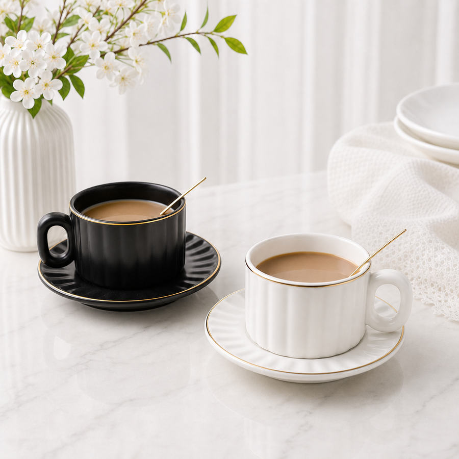 Black & White Cup & Saucer (with Spoon)