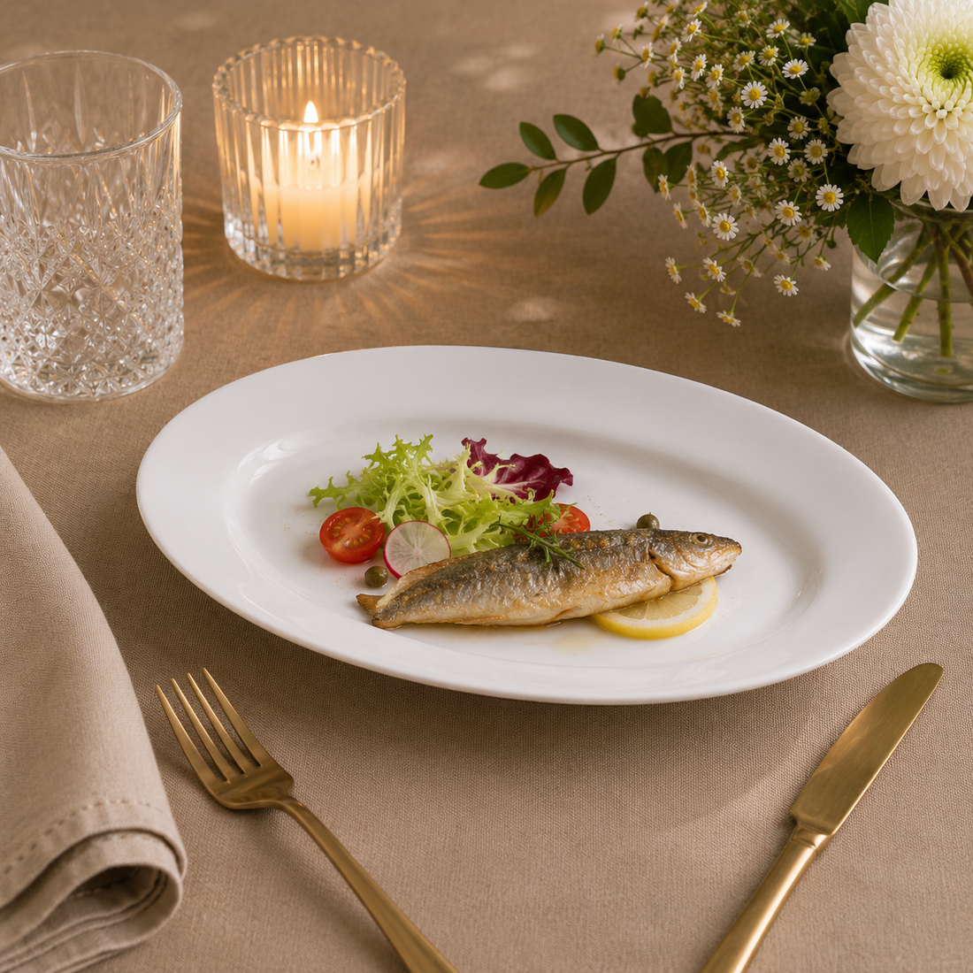 White porcelain wide-rimmed fish dish