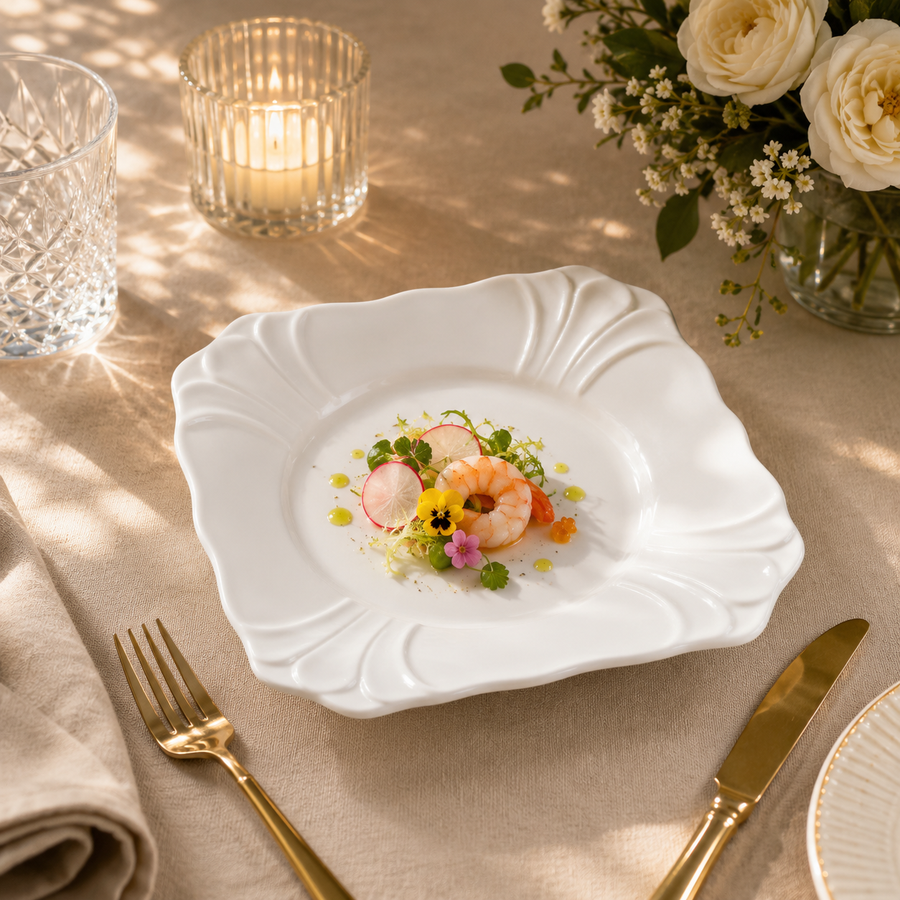 White porcelain magnolia-shaped cut dish