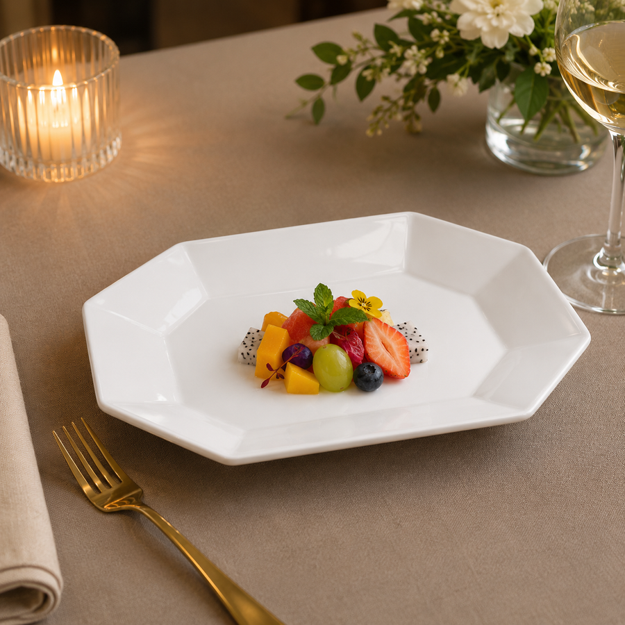 White porcelain octagonal fruit plate