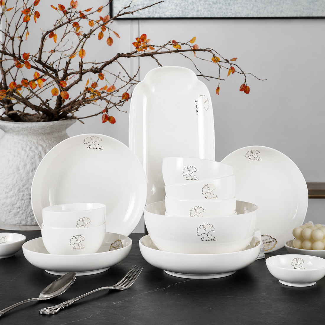 Golden Ginkgo Leaf Floral Ceramic Tableware Set