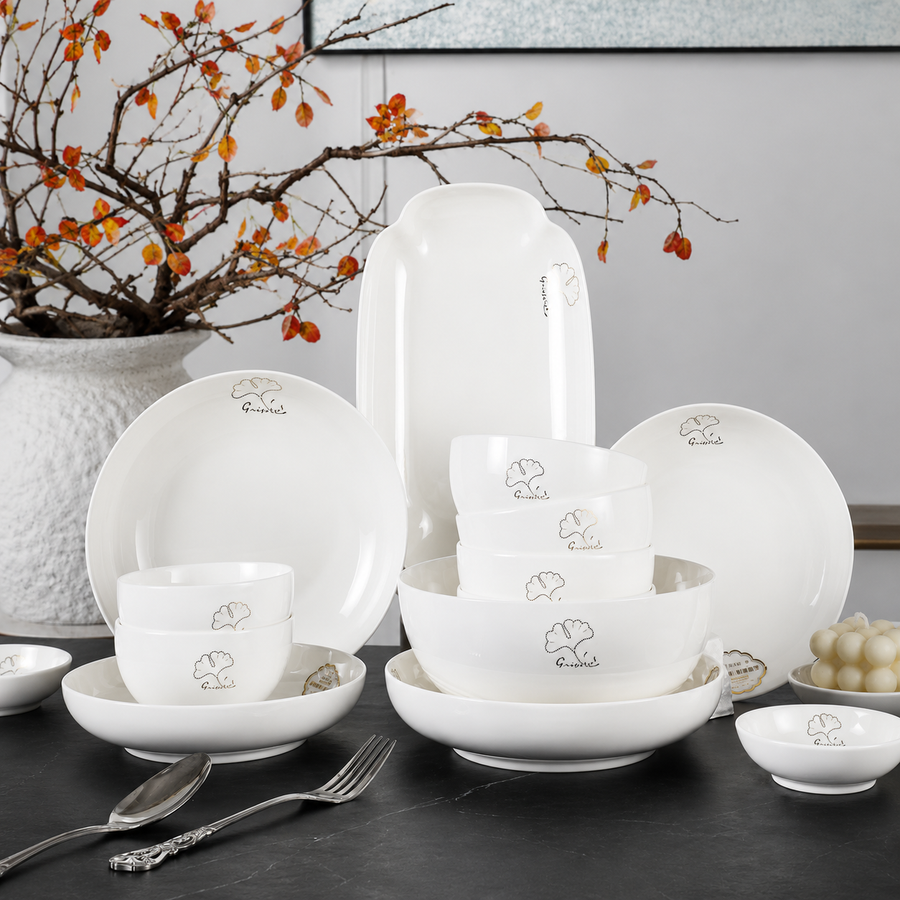 Golden Ginkgo Leaf Floral Ceramic Tableware Set